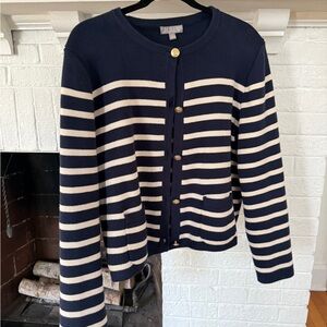J.CREW NAVY IVORY STRIPED EMILIE PATCH POCKET SWEATER LADY JACKET Size XL